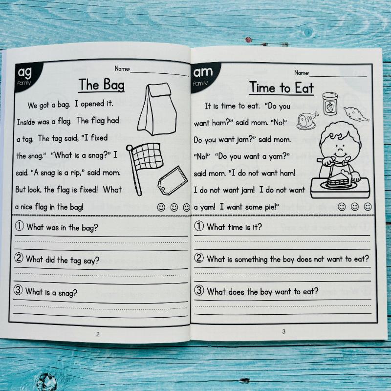 Inside pages with a short story and three questions