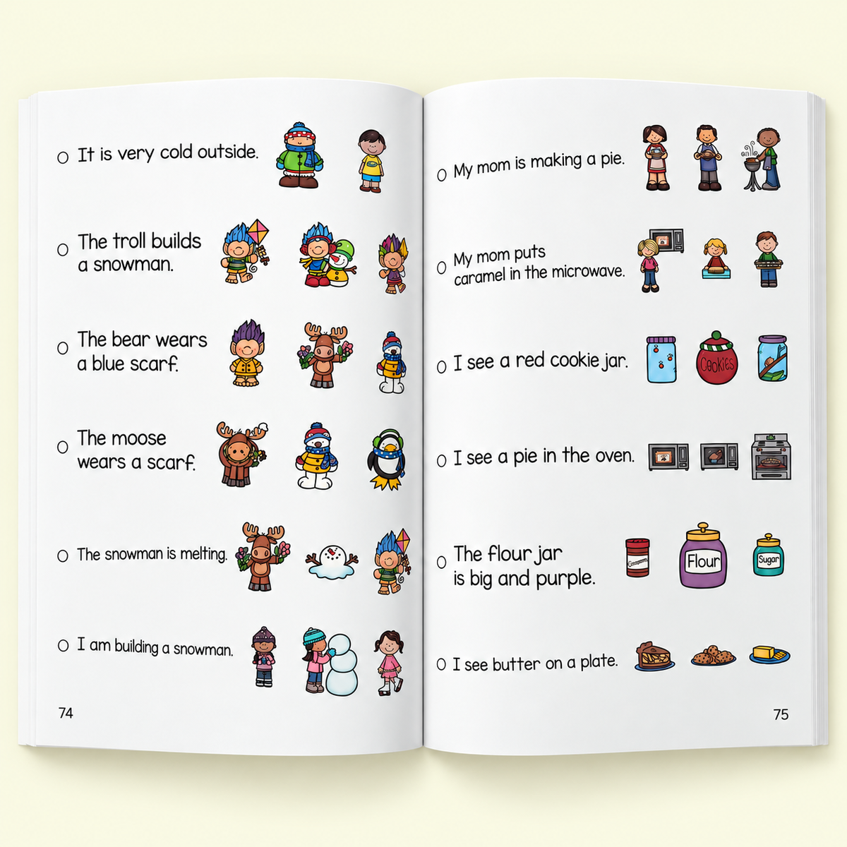 Interior workbook page showing short sentences beside picture choices.