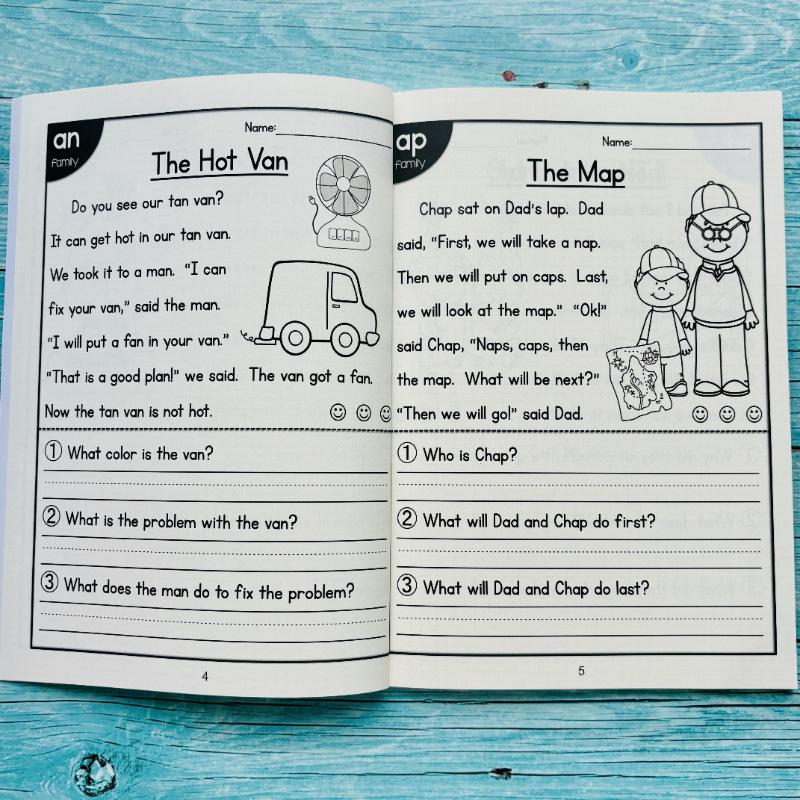 Interior page showing a short story and three questions with ruled answer lines.